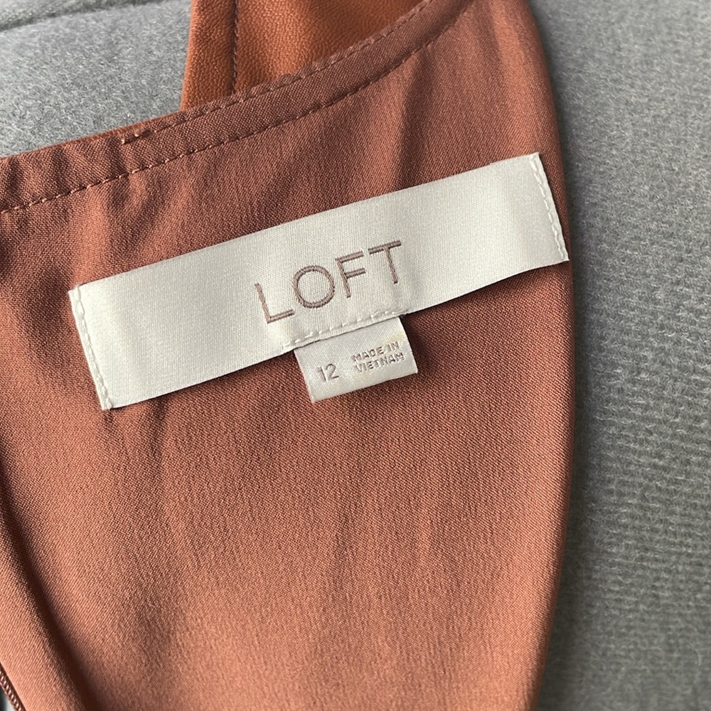 Ann Taylor Loft Cognac Brown Sleeveless Faux Leather Flare Dress - Size 12 - Picture 12 of 12
